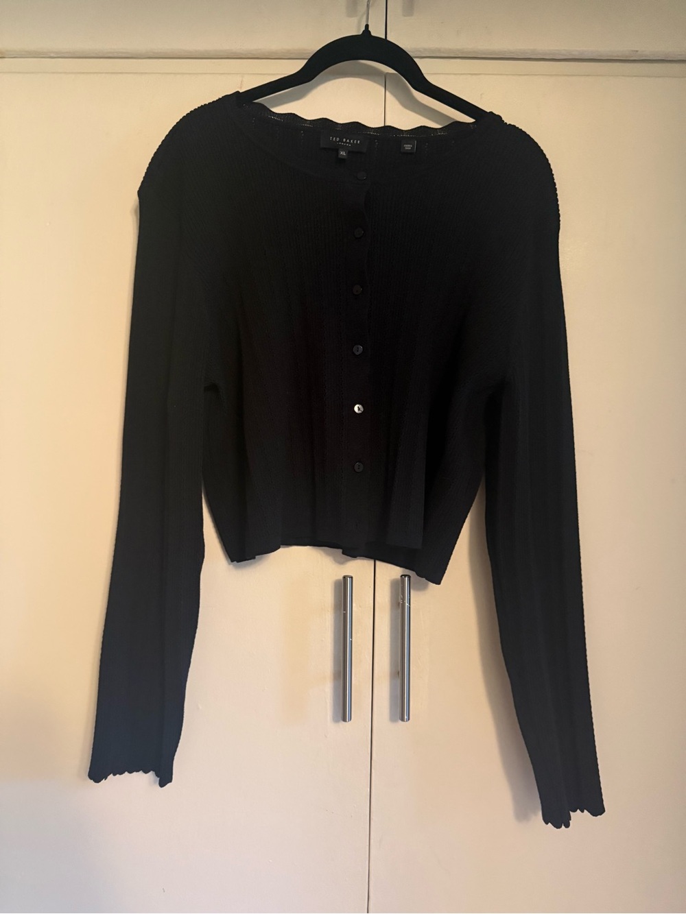 Ted Baker Black Ribbed Button-Front Pointelle Cropped Cardigan